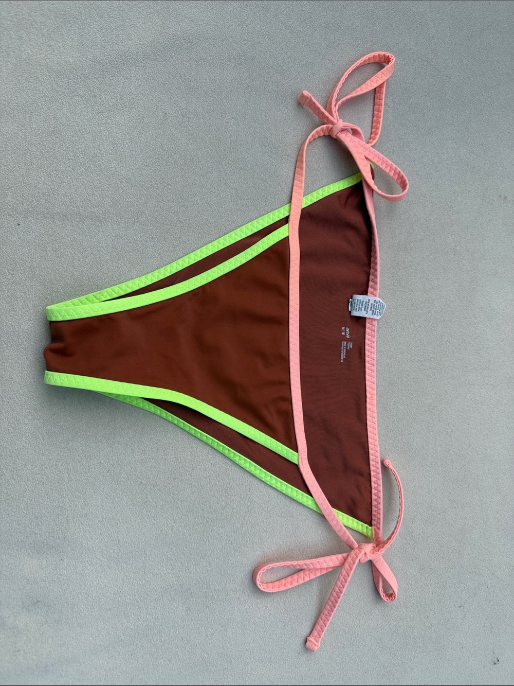 aerie Brown Bikini Bottom with Neon Green Trim and Peach Ties
